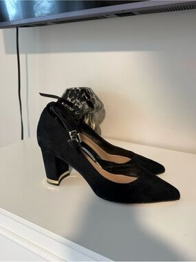Black Suede Pointed-Toe Block Heel Pumps with Ankle Strap